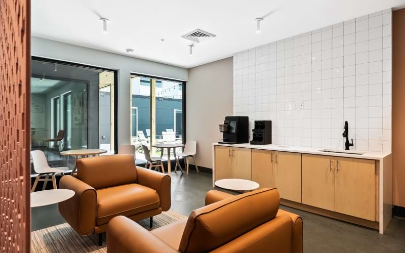 coffee lounge with chairs and view of courtyard